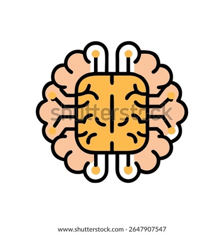 An abstract representation of a brain, merging organic form with digital technology. It features a central chip connected to the brain's lobes via circuit-like lines and nodes.