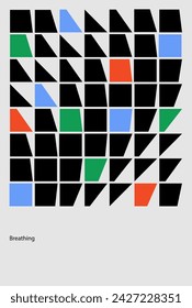 Abstract representation of breathing with text on the importance of breath, multicolored shapes on a white background. Modern aesthetics, minimalist art. Vector design for creative cover, poster, ad