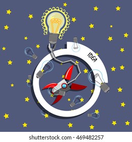 Abstract representation of business idea in rocket science style. Flat art illustration of a rocket an light bulbs in outer space.