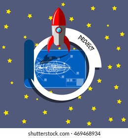 Abstract representation of business project in flat art. Illusctration of a rocket stending on  a blueprint.