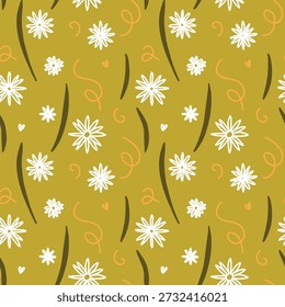 Abstract representation of chamomile aroma in a pattern with white flowers and green leaves, yellow spiral lines, an explosion of tenderness, herbal aroma