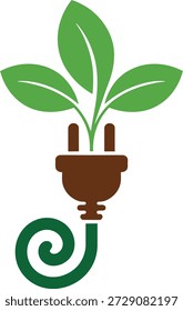 Abstract representation of clean energy concept with a sprouting plant emerging from an electrical plug connected to a coiled green cable