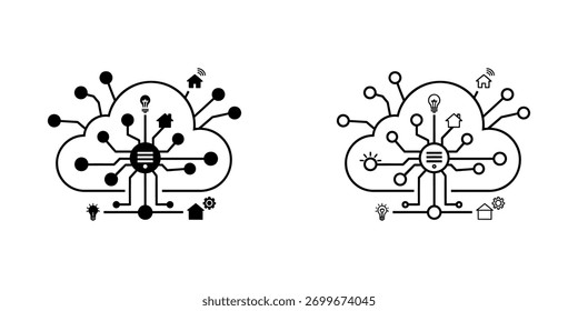 Abstract representation of cloud computing network, showing interconnected devices and icons symbolizing smart home automation, data flow, and digital connectivity