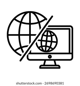 An abstract representation of a computer displaying a globe symbol, crossed out by a diagonal line, symbolizing a loss of internet connectivity or restricted access to online resources.