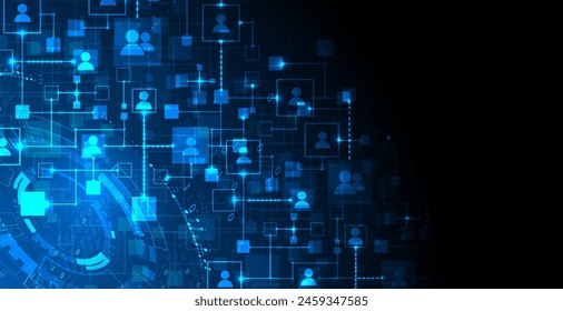 Abstract representation of a computer network and its users in the form of icons of people in squares. Vector illustration. Hand drawn.