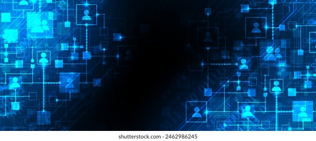 Abstract representation of a computer network and its users in the form of icons of people in squares. Vector illustration. Hand drawn.