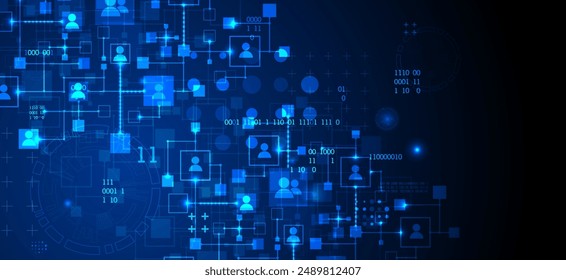 Abstract representation of a computer network and its users in the form of icons of people in squares. Vector illustration. Hand drawn.