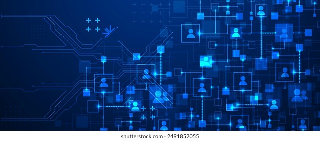 Abstract representation of a computer network and its users in the form of icons of people in squares. Vector illustration. Hand drawn.