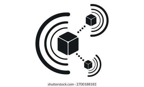 Abstract representation of data transfer between geometric cubes, visualized through radiating signal waves, symbolizing network communication and technological exchange in a digital environment.