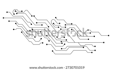 An abstract representation of a digital circuit board with black lines and solid black dots on a white background.