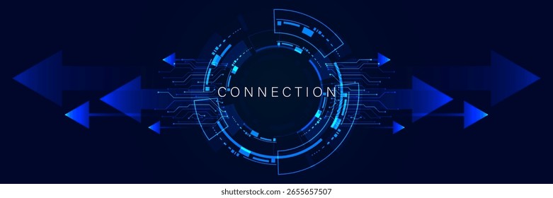 Uma representação abstrata de conexão digital com setas azuis e um círculo central simbolizando o fluxo de dados e a interação com a rede.