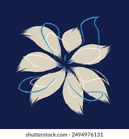 Eine abstrakte Darstellung einer Blume vor einem tiefblauen Hintergrund. Die Blüte besteht aus acht großen, cremefarbenen Blütenblättern, die symmetrisch um einen Mittelpunkt angeordnet sind