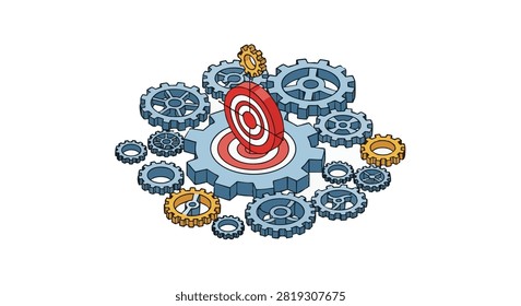 Abstract representation of gears and a target symbolizing strategy and business objectives with a pixelated aesthetic