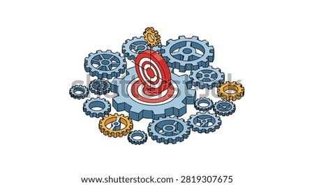 Abstract representation of gears and a target symbolizing strategy and business objectives with a pixelated aesthetic