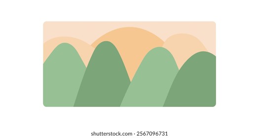 Abstract representation of green hills in a tranquil landscape. A minimalistic view of natures beauty with a flat aesthetic. The rich colors illustrate peaceful environment, offering serene backdrop