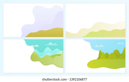 Abstract representation of horizon vector, set of blurry clear sky with clouds, lawn and green grass. Mountain with greenery and bushes in distance