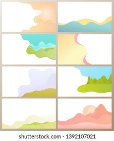 Abstract representation of horizon vector, set of blurry clear sky with clouds, lawn and green grass. Mountain with greenery and bushes in distance