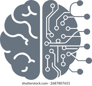 Abstract representation of a human brain merging with a circuit board symbolizing the intersection of biology and technology, representing artificial intelligence and digital innovation.