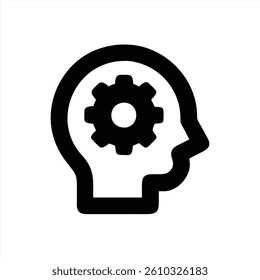 An abstract representation of a human head silhouette displaying a gear inside, symbolizing thought processes and cognitive functions. Ideal for showcasing creativity and innovation.