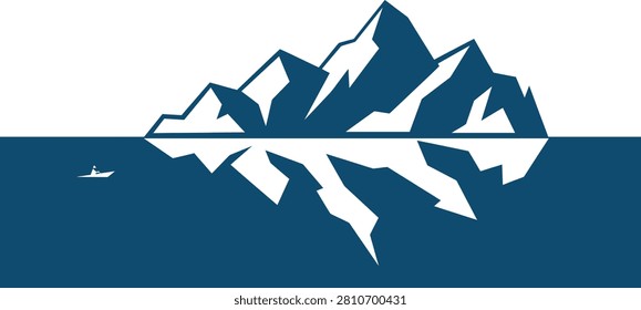 Abstract representation of an iceberg above and below water with a small boat nearby
