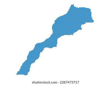 An abstract representation of Morocco, vector Morocco map made using a mosaic of blue dots with shadows. Illlustration suitable for digital editing and large size prints.