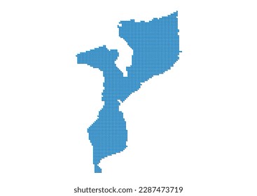 An abstract representation of Mozambique, vector Mozambique map made using a mosaic of blue dots with shadows. Illlustration suitable for digital editing and large size prints.