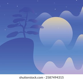 An abstract representation of a night scene with a large moon, a stylized tree, and a gradient of blue and purple hues.