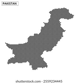 An abstract representation of Pakistan’s outline, emphasizing its geographical features and borders within a grid pattern.