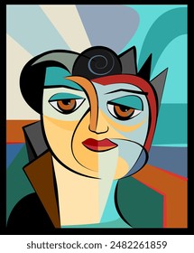 an abstract representation of a person's face. The figure has expressive eyes and red lips, with surrounding shapes in various shades of blue, green, and tan.
