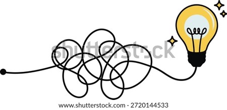 Abstract representation shows a single black line navigating from a starting point through extensive tangles and knots before smoothly reaching a brightly illuminated yellow lightbulb symbolizing a clear idea or solution to a complex problem.