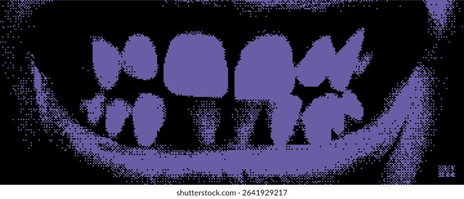 An abstract representation of a smile featuring stylized teeth and an expressive mouth. Created using digital techniques, the piece explores emotion and texture in a vivid color palette. Bitmap y2k bg