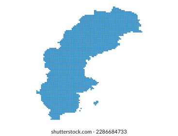 An abstract representation of Sweden, vector Sweden map made using a mosaic of blue dots with shadows. Illlustration suitable for digital editing and large size prints.