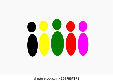 Abstract representation of unity and diversity featuring five colorful figures placed against a white backdrop, symbolizing harmony, togetherness, and inclusion across cultures and concepts.