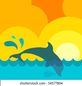 Abstract representation of a wavy sea under the sun with jumping dolphin