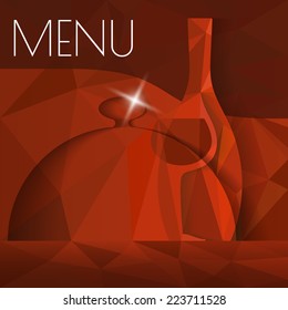 Abstract Restaurant Menu Concept. Wine bottle, glass and dome plate cover integrated into colorful background pattern. Text and illustration on separate layers. Fully scalable vector illustration.