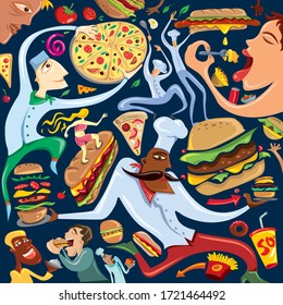 Abstract Restaurant Poster Artwork. Sandwich, Burger, Chef (Vector Art)