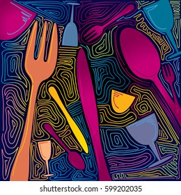 Abstract Restaurateur Art, Fork, Spoon, Glass, Knife  (Vector Art)