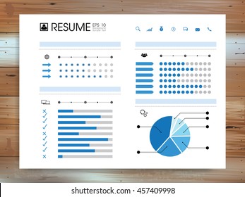 Abstract resume info graphic background on wood texture. Vector illustration.