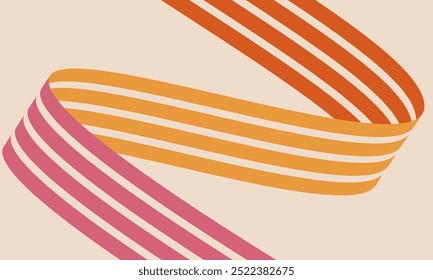 Abstract retro 60-70s design with colorful stripes on beige background. Vintage hippie wallpaper with wavy lines.