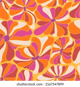 Abstract Retro 70s Background. Psychedelic Colorful Vector Seamless Pattern. Groovy 60s Fashion Print. Vintage Hippie Floral Illustration. Old School Colored Wavy Line Art Wallpaper