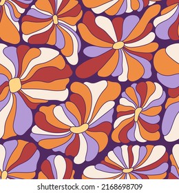 Resumen del fondo retro de los años 70. Patrón psicodélico colorido vectorial sin fisuras. Impresión de moda de los años 60. Ilustración hippie vintage con flores. Papel tapiz de arte ondulado de la vieja escuela