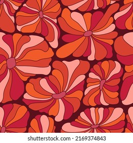 Abstract retro 70s background. Psychedelic colorful vector seamless pattern. Groovy 60s fashion print. Vintage hippie floral illustration. Old school colored wavy line art wallpaper