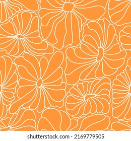 Abstract retro 70s background. Psychedelic vector seamless pattern. Groovy 60s fashion print. Vintage hippie floral illustration. Old school wavy line art wallpaper