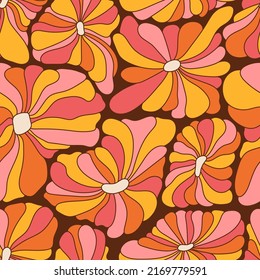 Abstract retro 70s background. Psychedelic colorful vector seamless pattern. Groovy 60s fashion print. Vintage hippie floral illustration. Old school colored wavy line art wallpaper