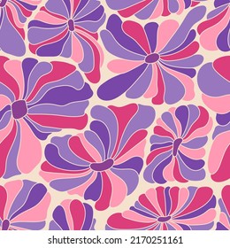 Abstract retro 70s background. Psychedelic colorful vector seamless pattern. Groovy 60s fashion print. Vintage hippie floral illustration. Old school colored wavy line art wallpaper