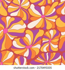 Abstract retro 70s background. Psychedelic colorful vector seamless pattern. Groovy 60s fashion print. Vintage hippie floral illustration. Old school colored wavy line art wallpaper