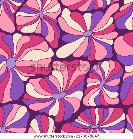 Abstract retro 70s background. Psychedelic colorful vector seamless pattern. Groovy 60s fashion print. Vintage hippie floral illustration. Old school colored wavy line art wallpaper