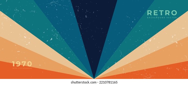 Abstract retro 70s background vector. Colorful vintage 1970 stylish wallpaper with old grunge ray, rainbow burst light. Illustration design suitable for poster, banner, decorative, wall art.