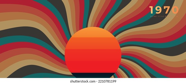 Abstract retro 70s background vector. Colorful vintage 1970 stylish wallpaper with sun ray, wavy lines, curve, circle shapes. Illustration design suitable for poster, banner, decorative, wall art.
