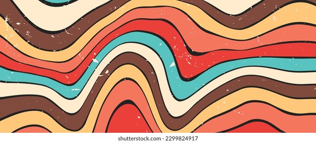 Abstract retro 70s background vector. Colorful vintage 1970 grunge stylish wallpaper with lines, stripes, psychedelic shapes. Illustration design suitable for poster, banner, decorative, wall art.